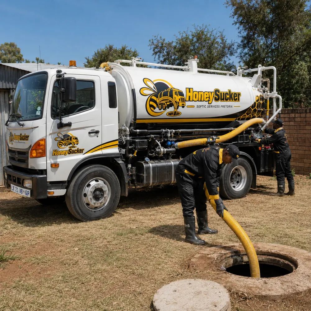 Vacuum tanker and hose used to empty septic tanks in Pretoria