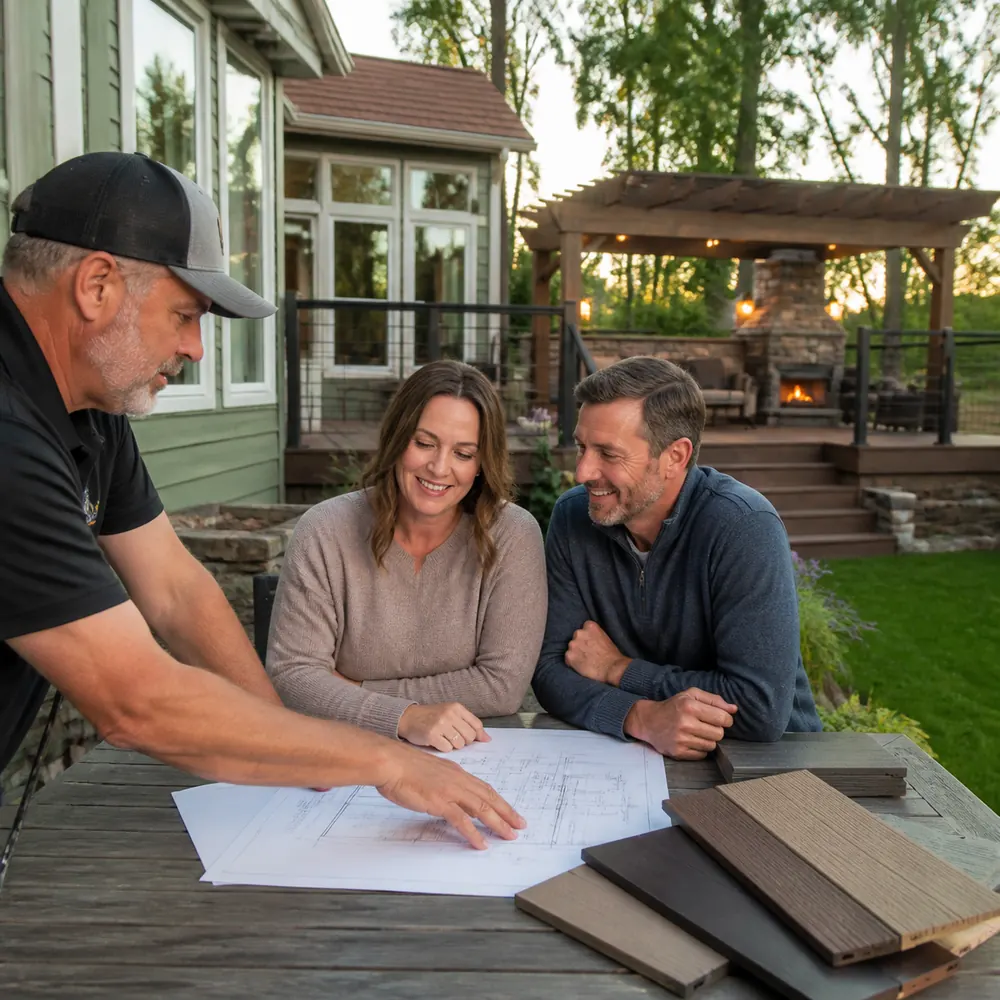 Homeowners reviewing a new deck plan and material samples