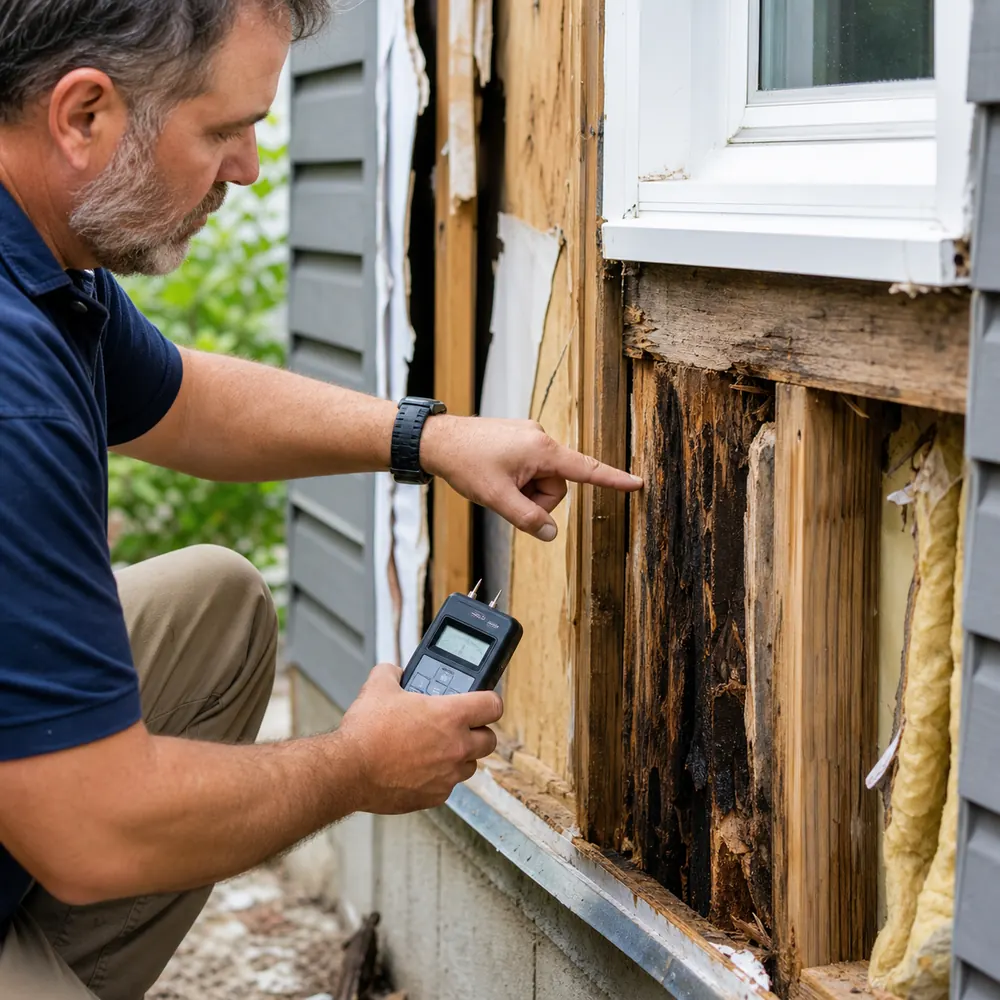 Contractor checking water-damaged exterior framing with a moisture meter
