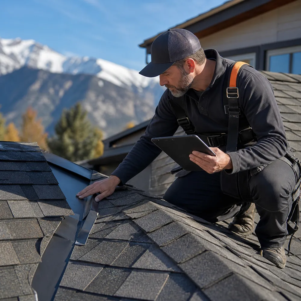 Roof inspection of shingles and flashing at a Fort Collins home