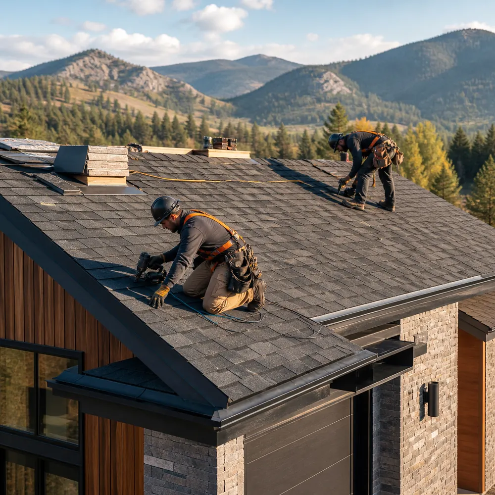 Roofing contractors working on a Colorado home for Northstar Exterior