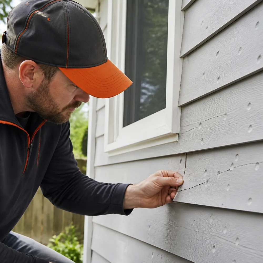 Contractor inspecting hail-damaged siding near a window in Fort Collins