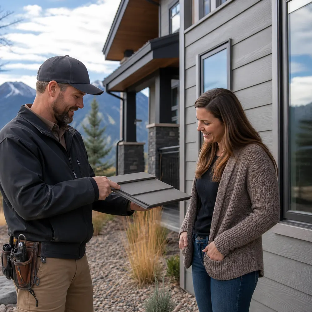 Homeowner discussing siding repair and replacement options with a contractor