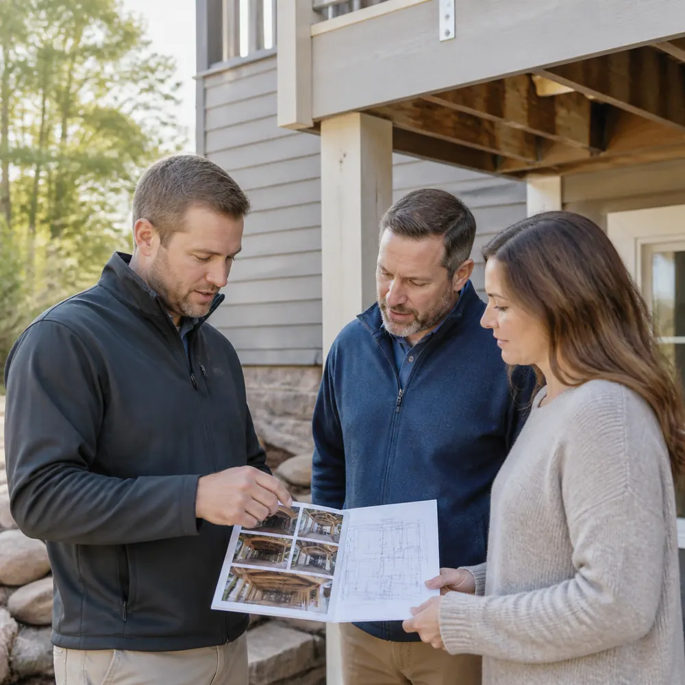 Homeowners reviewing a structural repair plan with a contractor