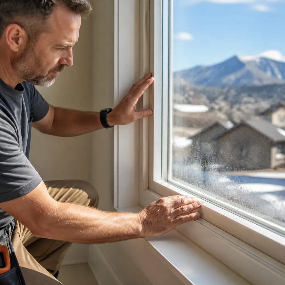 Contractor inspecting a drafty window and failed glass seal