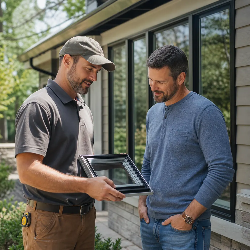 Homeowner discussing window replacement options with a contractor