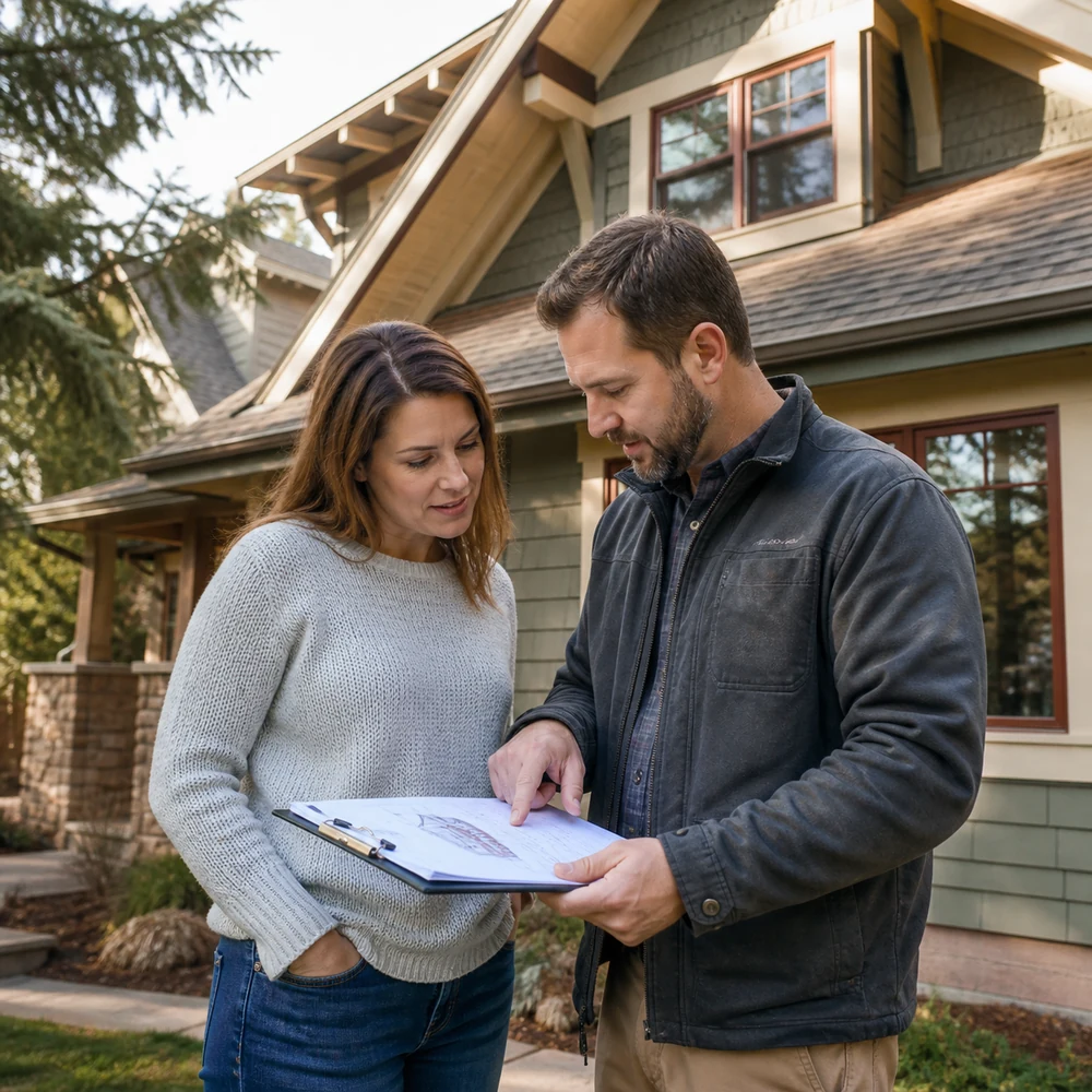 Fort Collins homeowner reviewing an exterior project plan with a contractor