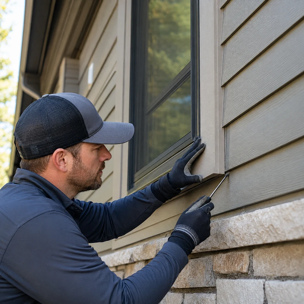 Contractor inspecting a window and siding junction at a Fort Collins home