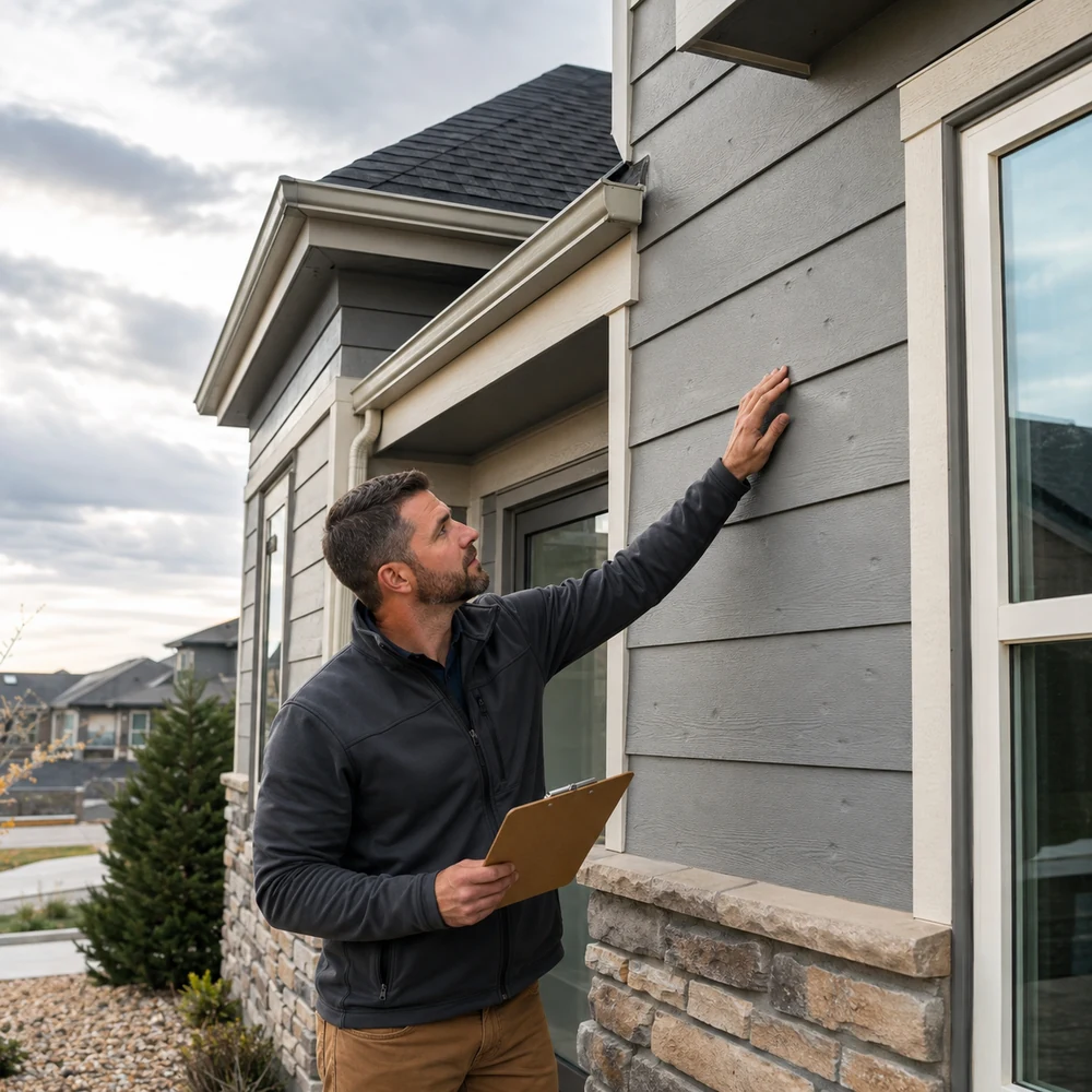 Contractor checking siding after hail and wind in Northern Colorado