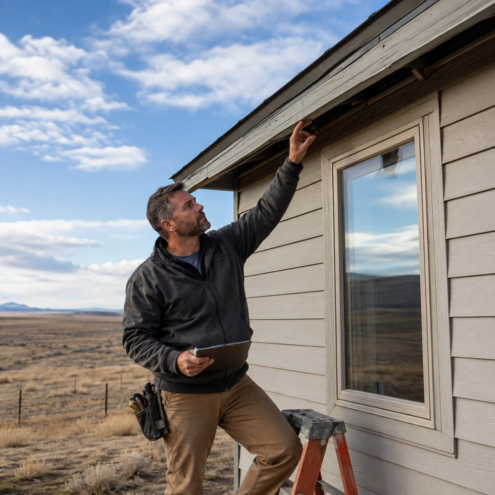 Contractor checking wind-exposed roof edging and siding in Southern Wyoming