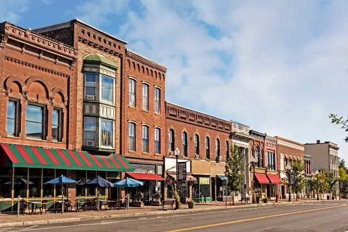 Historic brick storefronts along Main Street in Berthoud, CO