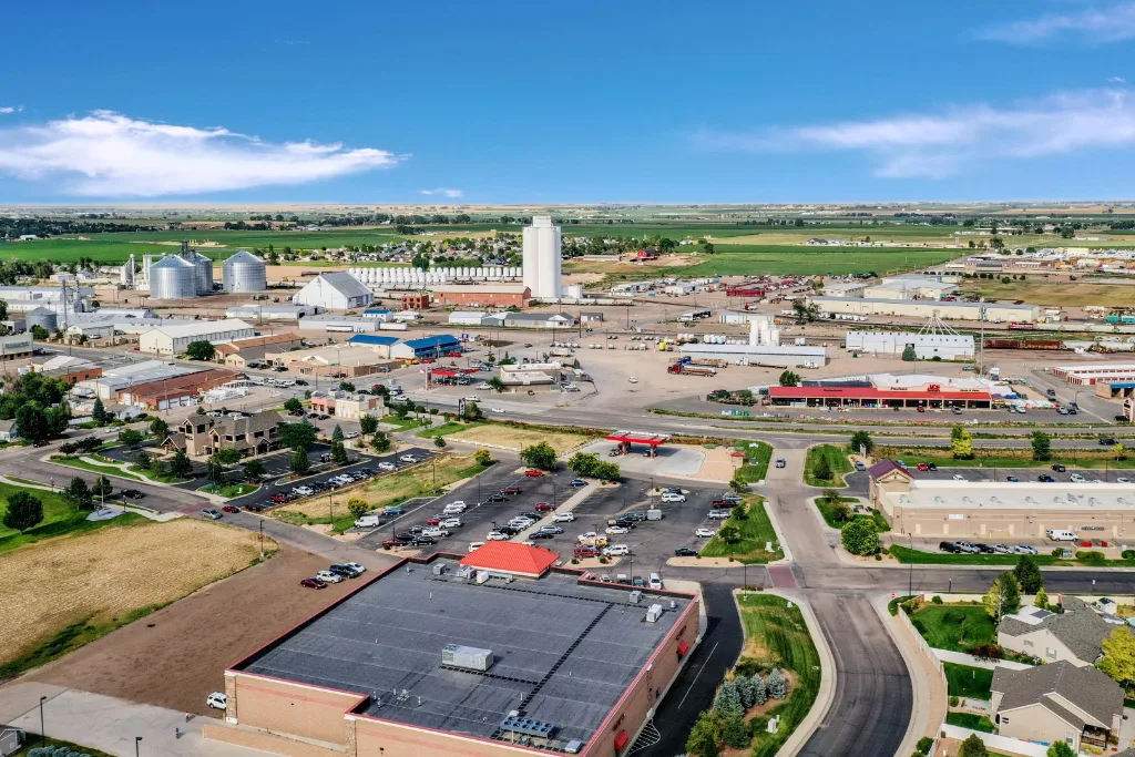 Aerial view of Eaton, CO with grain elevators and farmland