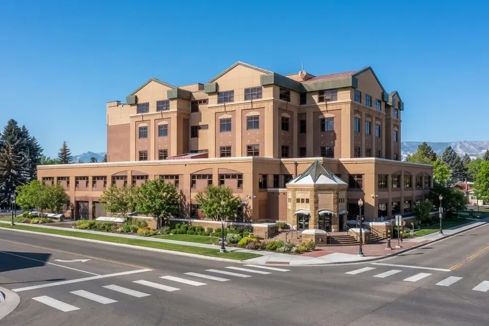 Brick office building at a downtown street corner in Larimer County, CO