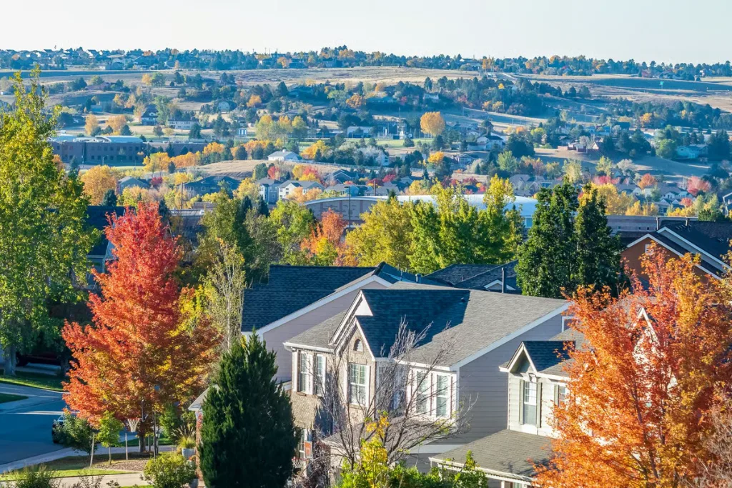 Homes among autumn trees in Timnath, CO