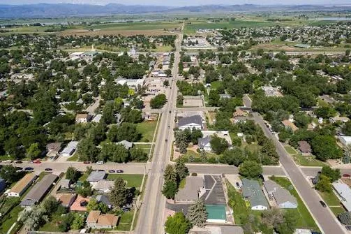 Aerial view of tree-lined streets and homes in Wellington, CO